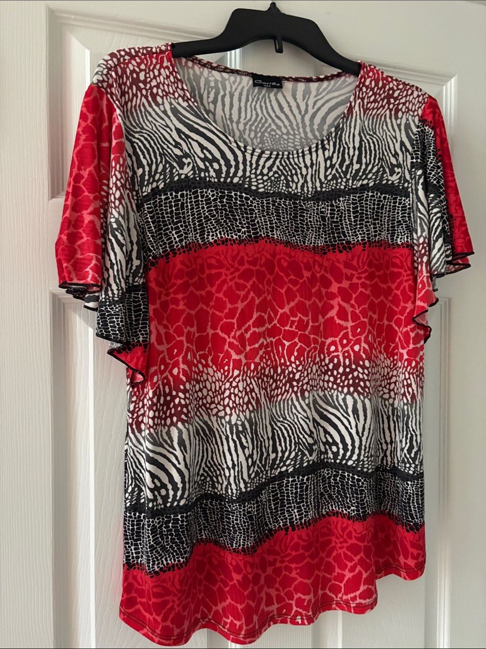 Red Animal-Print Short Sleeve Blouse